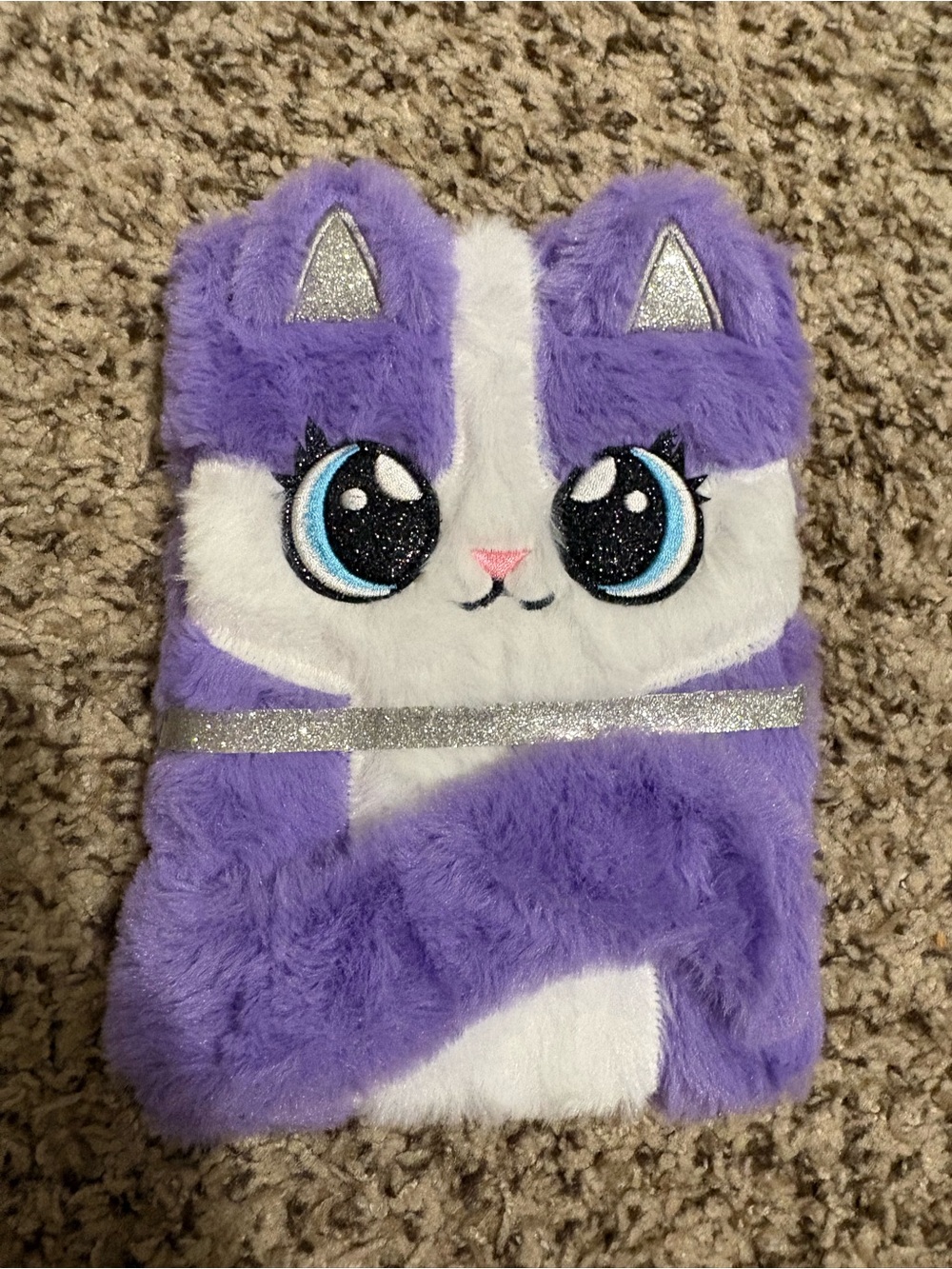 Claire's Purple & White Plush Cat Notebook Cover with Sparkle Eyes